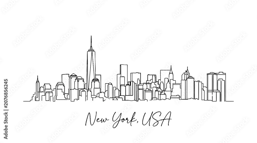 Fototapeta premium Minimalist black and white cityscape outline of New York City skyline with iconic skyscraper and handwritten city name
