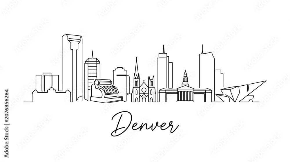 Fototapeta premium Minimalist Line Drawing of the Denver Skyline Featuring Iconic Buildings and Cityscape Elements