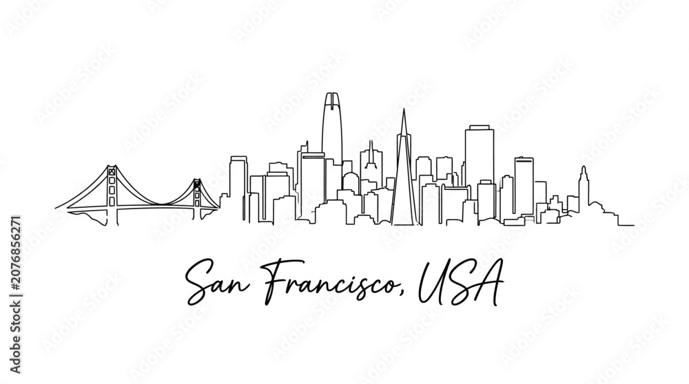 Fototapeta premium Minimalist Line Art Illustration of the San Francisco Skyline Showcasing Iconic Landmarks and Bridge with Elegant Handwritten