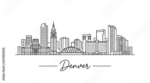 Minimalist black and white line art illustration of denver city skyline featuring iconic skyscrapers and urban landscape