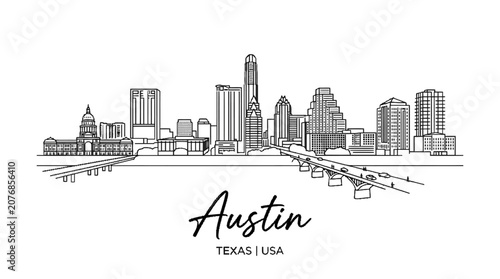 Minimalist black and white line drawing of the Austin Texas skyline showcasing iconic buildings and cityscape in a clean