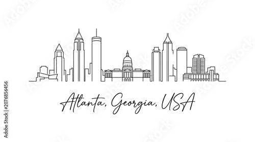 Minimalist skyline illustration of Atlanta Georgia featuring iconic skyscrapers and cityscape elements in simple line art style