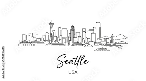 Minimalist Line Drawing of Seattle Skyline Featuring Iconic Landmarks and Mountain Backdrop