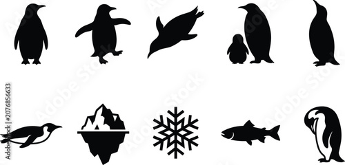 Canvastavla Penguin black silhouette vector icon set featuring antarctic birds swimming walk