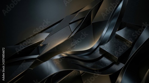 3D Abstract Dark Metallic Geometric Forms with Golden Highlights