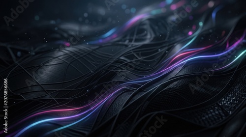 Abstract Dark Woven Texture with Glowing Neon Light Trails