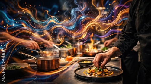 Chefs Plating Gourmet Meal with Magical Cooking Light Effects