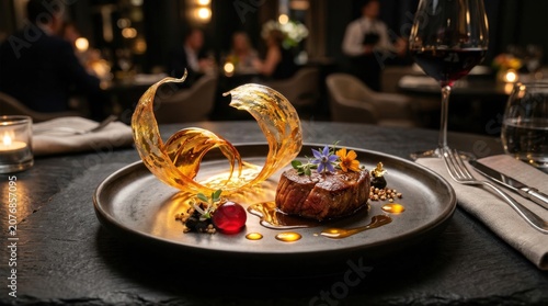 Elegant Gourmet Steak Dish with Artistic Sugar Sculpture