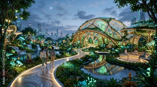 Futuristic Biophilic Urban Eco Park at Dusk