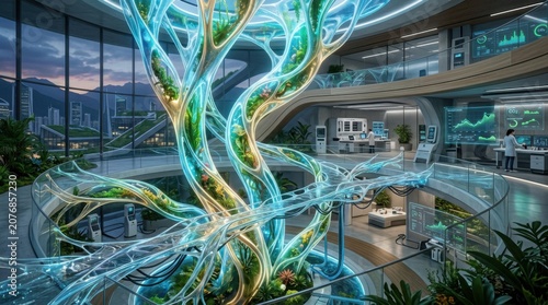Futuristic Biotech Laboratory with Glowing Organic Bio-Tree Sculpture