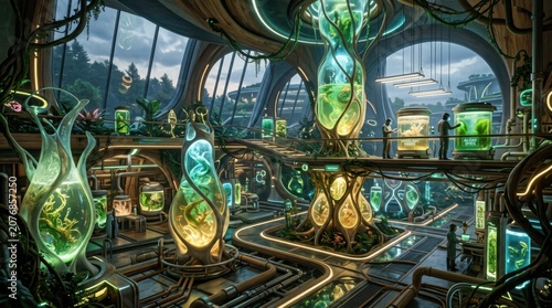 Futuristic Botanical Biotech Lab with Glowing Plant Culture Vessels