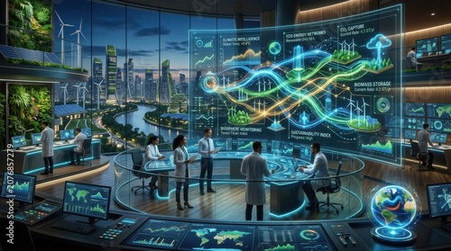 Futuristic Climate Sustainability Control Room with Holographic Data Visualization