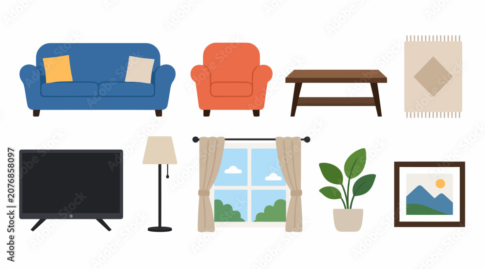 Fototapeta premium Colorful living room furniture and decor flat illustration.