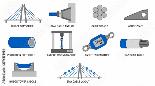 Obraz na płótnie Collection of steel cable suspension bridge components illustration