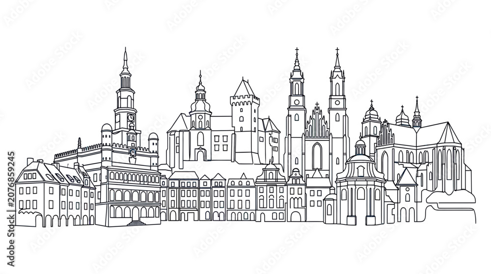 Fototapeta premium Artistic Line Drawing of a Historic European City Skyline