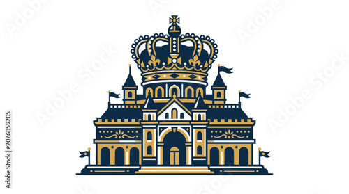 Foto Royal Castle Illustration with Crown and Flags, Blue and Gold Design