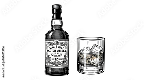 Single Malt Scotch Whisky Bottle and Glass with Ice Cubes