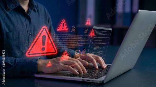 Foto ybersecurity malware detection system with red alert warnings, digital threat analysis on laptop, and real-time network protection against data breach and cyberattacks