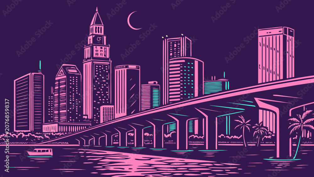 Fototapeta premium Vibrant miami skyline with bridge and crescent moon at night