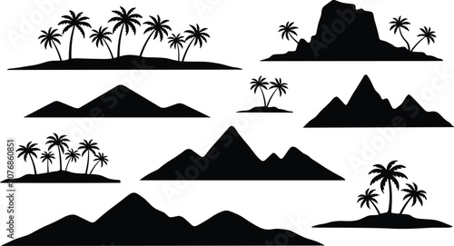 Foto Collection of black silhouette tropical islands with palm trees and various moun