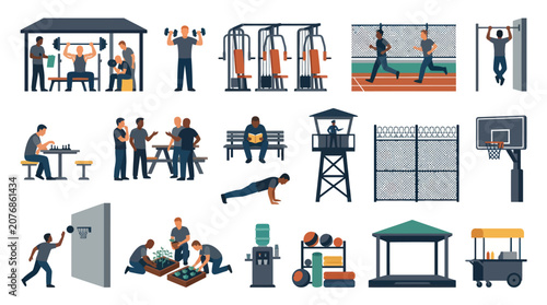 Prison life and recreation vector icons: gym, sports, gardening, chess, people