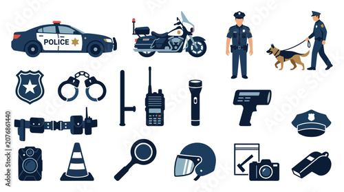 Police and Law Enforcement Flat Icons Set. Public Safety Equipment, Gear, and Officers Vector Collection.