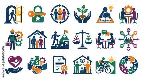 Set of Flat Icons Representing Social Business and Community Concepts