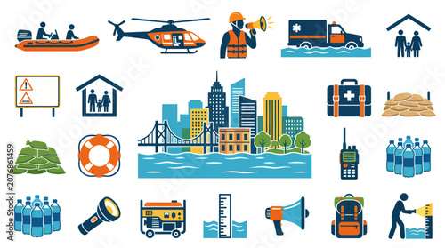 Flat Vector Icons of Disaster Relief and Emergency Services Supplies