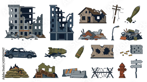 Military War Zone Destroyed City Elements Vector Cartoon Illustration Set