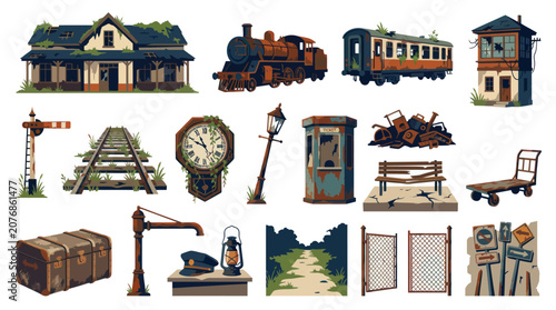 Old Train Station Scene Vector Art - Rusty Retro Transport Objects
