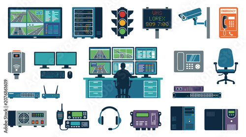 Flat Vector Illustration of Technology Security and Surveillance Systems Devices for IT Infrastructure