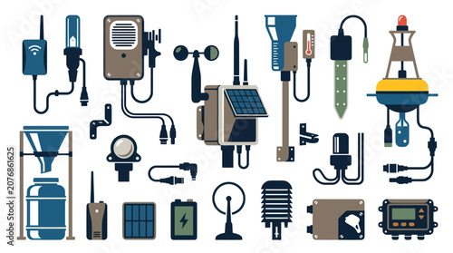 Flat Vector Illustration of IoT Environmental Monitoring, Smart Agriculture  Weather Station Sensors and Devices