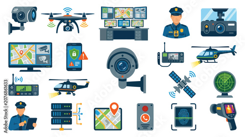 Flat Design Security and Surveillance Icons with Police, Drone, Camera, Radar, and Law Enforcement Devices Set