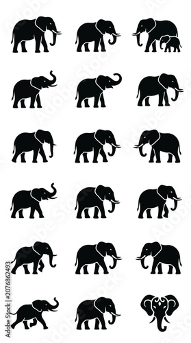 Canvastavla Elephant Silhouette Collection: Various Poses and Sizes