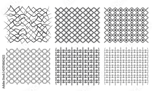 Fotografi Set of Seamless Geometric Metal Wire Patterns Vector Design Black Monochrome Orn