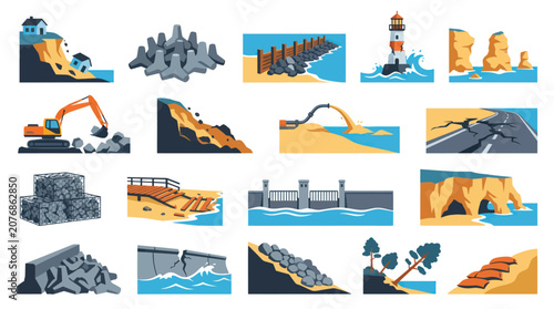 Coastal Erosion Protection Solutions and Construction Equipment Icons Flat Style