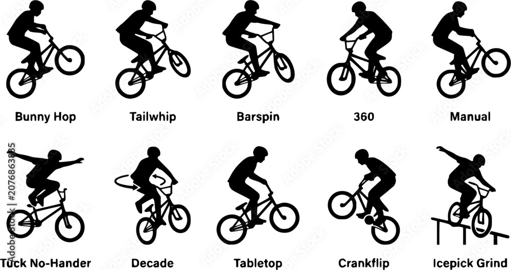 Fototapeta premium BMX Silhouette Icons – Cycling Trick & Action Vector Bundle