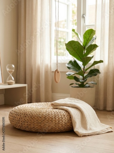 Cozy home meditation corner with floor cushion and plant meditation wellness relaxation peaceful