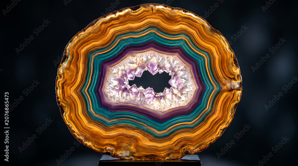 Naklejka premium Vibrant Polished Agate Slice with Rainbow Concentric Rings and Crystal Core