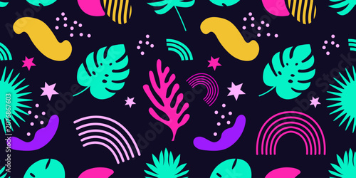 Bild auf Leinwand Bright Tropical Abstract Pattern with Neon Leaves Shapes and Arcs