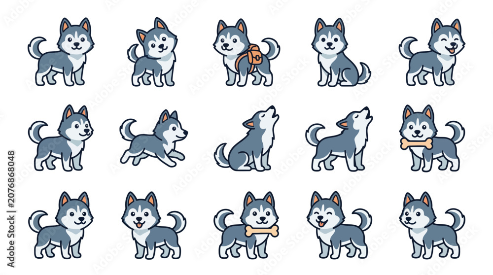 Fototapeta premium Cute Husky Dog Cartoon Collection: Pixel Art Style, Various Poses