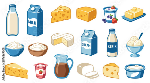 Dairy Products Flat Vector Icons Set. Milk, Cheese, Yogurt, Cream, Butter, Kefir, and Ice Cream Food Collection.