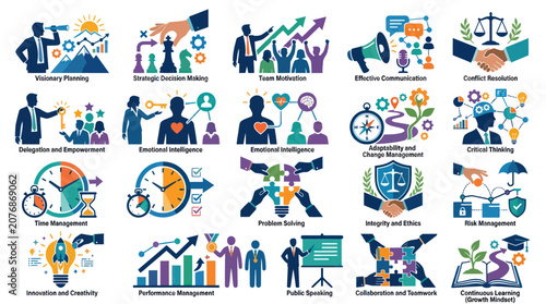 Business Management and HR Soft Skills Core Competencies Modern Flat Icon Set