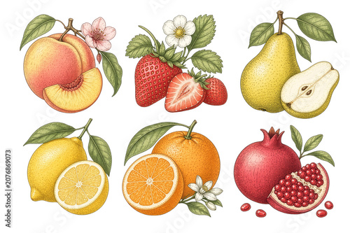 Vintage botanical fruit collection isolated on transparent background