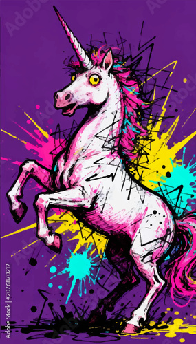 Vector illustration of a crazy unicorn that is hand-drawn with uneven lines and splashes of ink. Neon pink, yellow, blue, and dark purple.