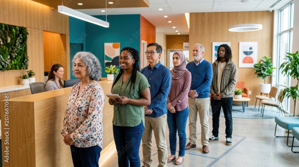 Fototapeta premium People Waiting in Line at Reception Desk in Modern Office.
