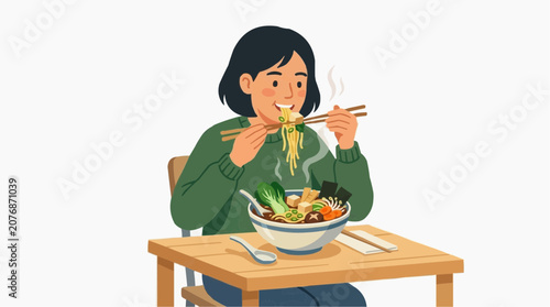Young woman enjoying a steaming bowl of ramen noodles with chopsticks at a wooden table