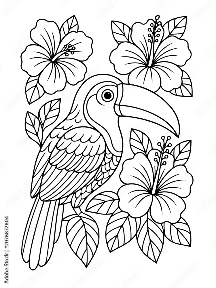 Fototapeta premium Toucan Among Hibiscus Flowers: A line art illustration of a toucan perched amidst lush hibiscus flowers and foliage, ready to be brought to life with vibrant colors.
