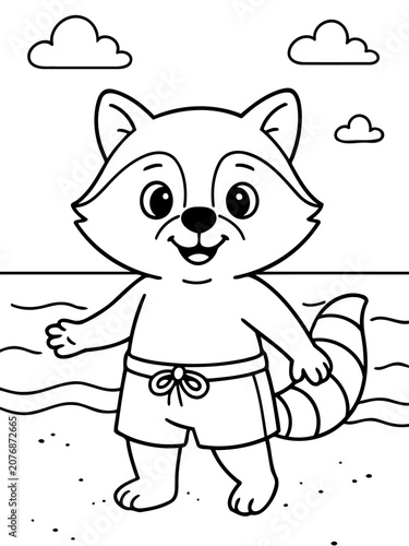 Cute Raccoon on the Beach: A cartoon raccoon wearing swim shorts stands on a sandy beach, with waves and clouds in the background, ready for summer fun.