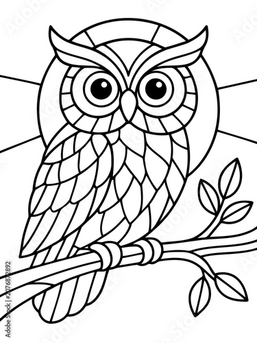 Stained Glass Owl: An intricate line art illustration of an owl perched on a branch, designed in the style of a stained glass window.